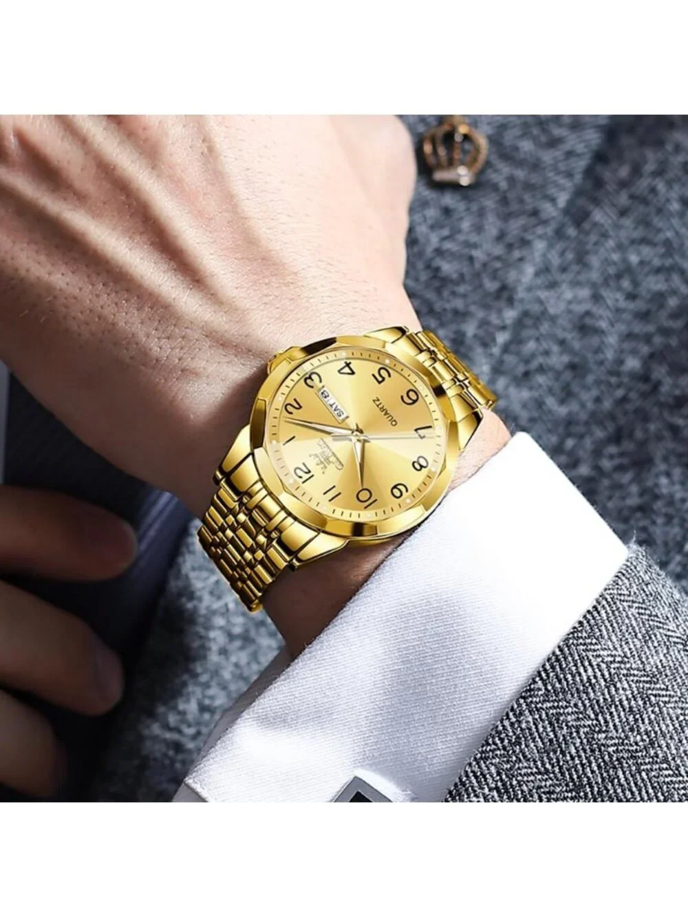 Men's Gold Brown Analog Stainless Steel Waterproof Luminous Date Wrist Watches